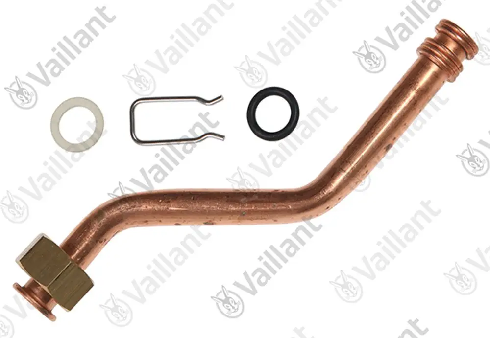 Kupferrohr von Vaillant mit einer gewinkelten Form, umgeben von Dichtungen und einem Halteclip. Komponenten für Heizungsinstallationen.